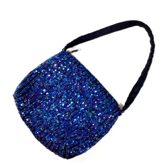 Vintage Handbags - Vintage Iridescent Colbalt Blue Carnival Glass Beaded Bag